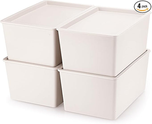 Menkxi 4 Pcs Storage Bins with Lids Plastic Containers Stackable Storage Box Baskets for Organizing Shelves(Beige,Large)
