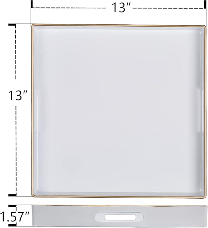 MAONAME 13"x13" Decorative Tray, White Serving Tray with Handles, Coffee Table Trays, Square Plastic Trays for Ottoman, Bathroom, Kitchen