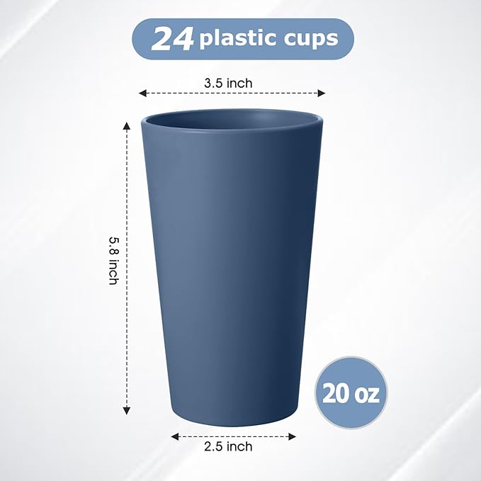 24 Pcs Unbreakable Plastic Cups Set, 20 oz Reusable Plastic Cups, Stackable Water Tumblers, Drinking Cup for Kitchen, Outdoor, BPA-free, Dishwasher Refrigerator and Microwave Safe, Dark Blue