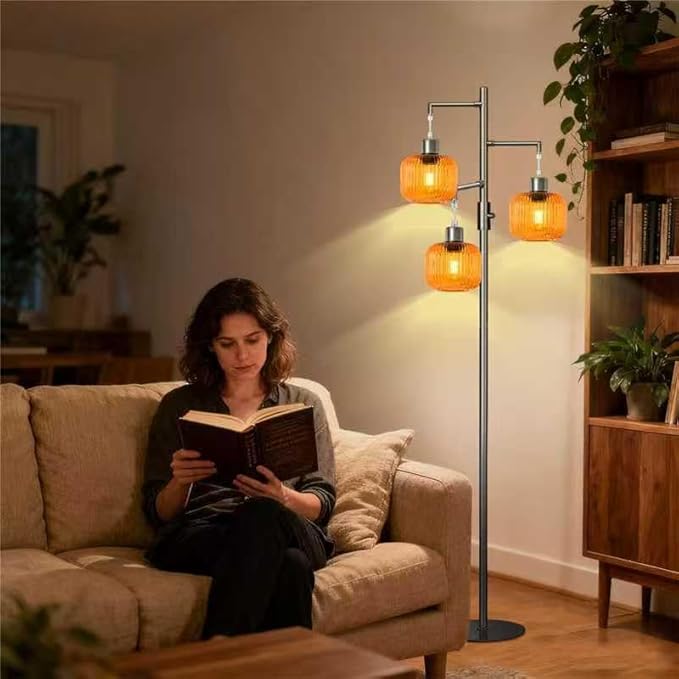 Dimmable Glass Floor Lamp for Living Room,3 Lights Standing Lamp for Living Room, Modern Standing Tree Lamp with Orange Glass Shade, 69In Tall Lamp for Bedroom Office, 3×600 LM LED Bulbs Included