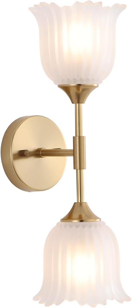 2-Lights Gold Wall Sconce with Frosted Glass Shades Modern Mid Century Bathroom Vanity Wall Light Fixtures Industrial Brushed Brass Wall Lamp for Bedroom Mirror Living Room Restaurant