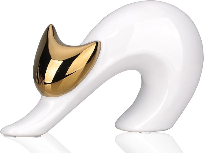 YUNSHID Abstract Elegant Yoga Cat Statue, White and Gold Decor, Minimalist Cat Figurine for Table Shelf Desk Entryway Mantle Decor, 4.75'in