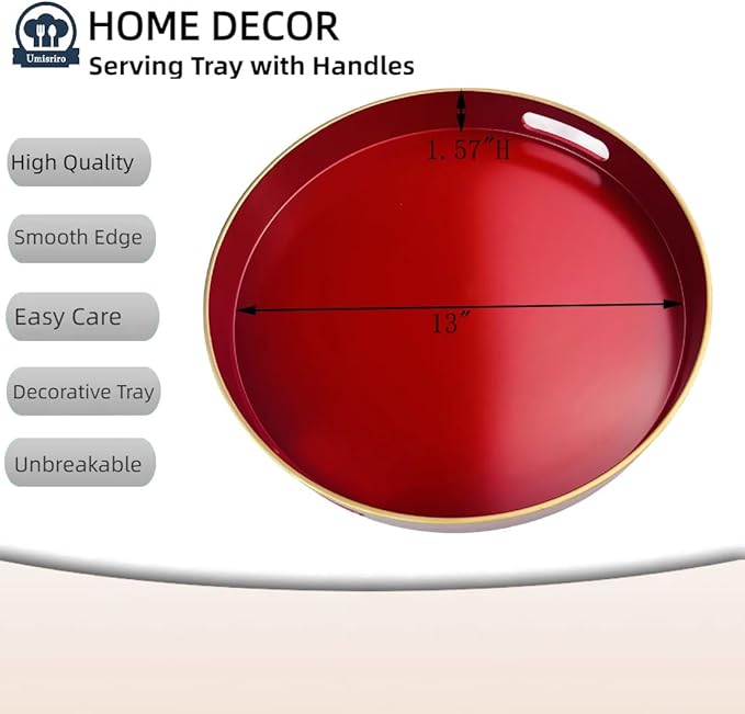 13" Round Decorative Tray, Red Serving Tray with Handles, Plastic Coffee Table Tray for Ottoman, Living Room, Bathroom, Décor.