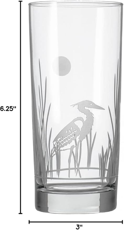 Rolf Glass Heron Highball Glass | 15oz Set of 4 Cooler Glasses | Lead-Free and Engraved | Drinking Glass with Heavy Base | Designed and Engraved in the USA | Coastal Bird Design