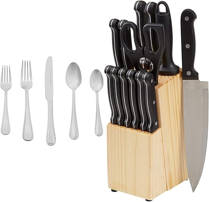 Amazon Basics 20-Piece Flatware Set with Knife Set and Wood Block