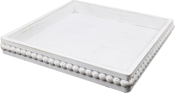 Square Wood Decorative Serving Tray, Rustic Coffee Table Tray for Ottoman,Kitchen Counter Organizer, Bedroom, Home Decor(Whitewashed)