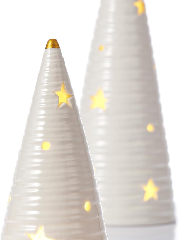 DN DECONATION Ceramic Christmas Tree Decor with Lights, Battery-Operated Tabletop Xmas Trees, 2Pcs Prelit White Christmas Tree Figurines Decorations for Home, Mantel, Shelves