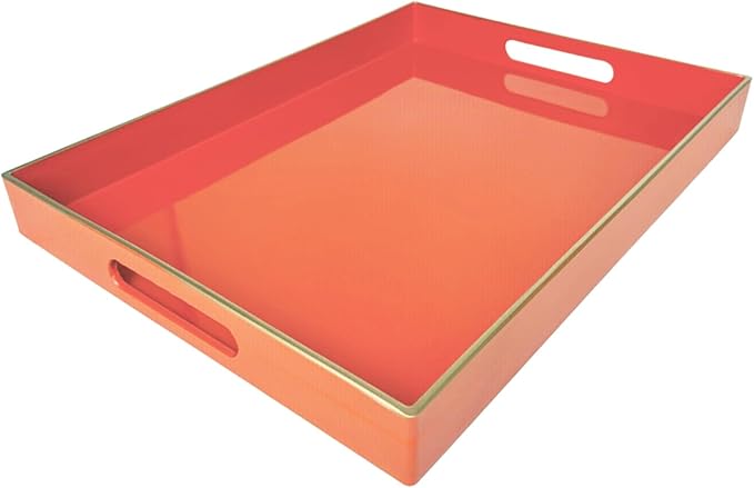 Large Decorative Tray, Orange Serving Tray with Handles, Plastic Coffee Table Tray for Living Room, Ottoman, Bathroom, Kitchen, Decor, 15.7”*11.8”