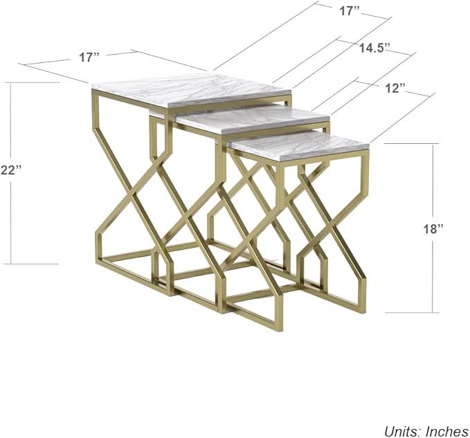 Relso Helix Nesting End Tables - Ceramic Tile Top with Gold Metal Frame - Set of 3 Accent Tables for Living Room Bedroom Entryway - Small Coffee Tables, Modern Nightstand, Durable Design | No Assembly