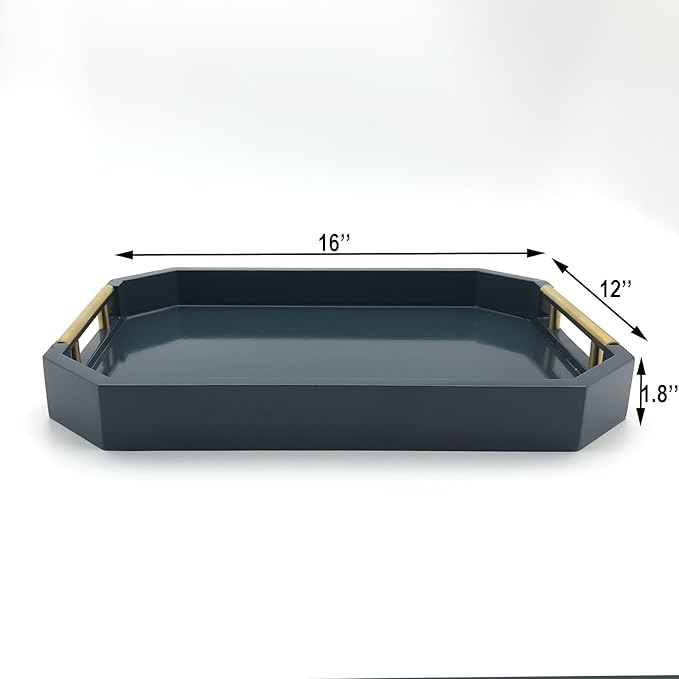 Serving Tray with Polished Metal Handles, Hexagon Coffee Table Tray, Modern Rectangle Decorative Tray, Large Ottoman Tray, Perfect for Storage and Display (Blue Rectangle)