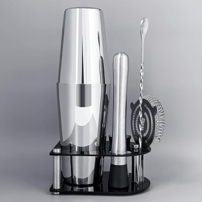 5 Piece Cocktail Shaker Bartender Kit: 750/600ml(25/20oz) Cocktail Shaker Set with Stand, Drink Mixing Includes Martini Shaker,Strainer,Jigger,Bar Mixer Spoon,Muddler Bar Tool Set (Silver)