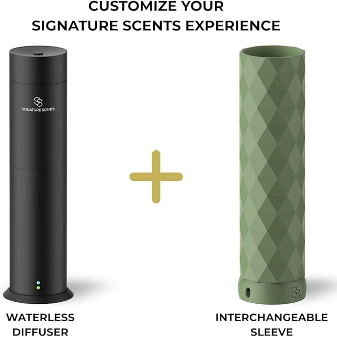 Waterless Essential Oil Hotel Scent Diffuser - Cold Air Diffuser - Covers 1000 sq. ft. - Waterless Diffuser for Home, Office & Hotel (Black + Interchangeable Sleeve) (Black + Matte Green Sleeve)