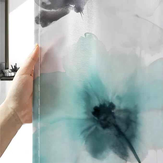 Boho Floral Shower Curtain, Cream Tan Beige Teal Grey White Flower Farmhouse Fabric Shower Curtains Set for Bathroom Decorative with Hooks 72 X 78 inch Spring Bath Decor