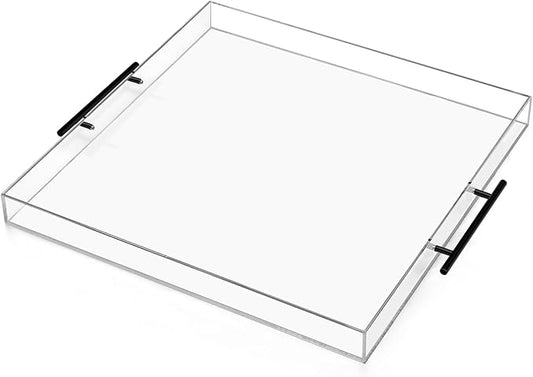 21×21 inches Oversized Clear Acrylic Ottoman Tray with Black Metal Handle and Safe Edge Extra Large Spill-Proof for Serving,Decorative King-Size Organizer Tray for Coffee Table Countertop