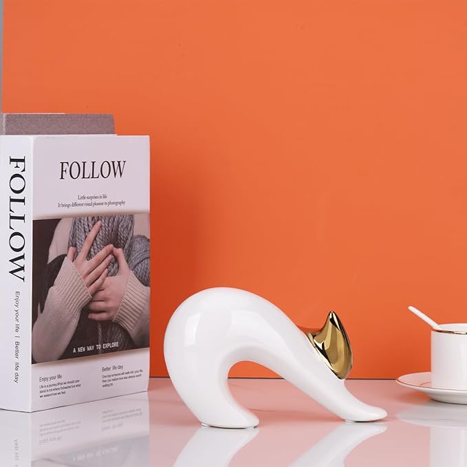 YUNSHID Abstract Elegant Yoga Cat Statue, White and Gold Decor, Minimalist Cat Figurine for Table Shelf Desk Entryway Mantle Decor, 4.75'in