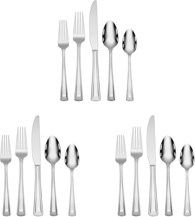 Oneida Cella 42 Piece Everyday Flatware, Service for 8, 18/0 Stainless Steel, Silverware Set (Pack of 3)