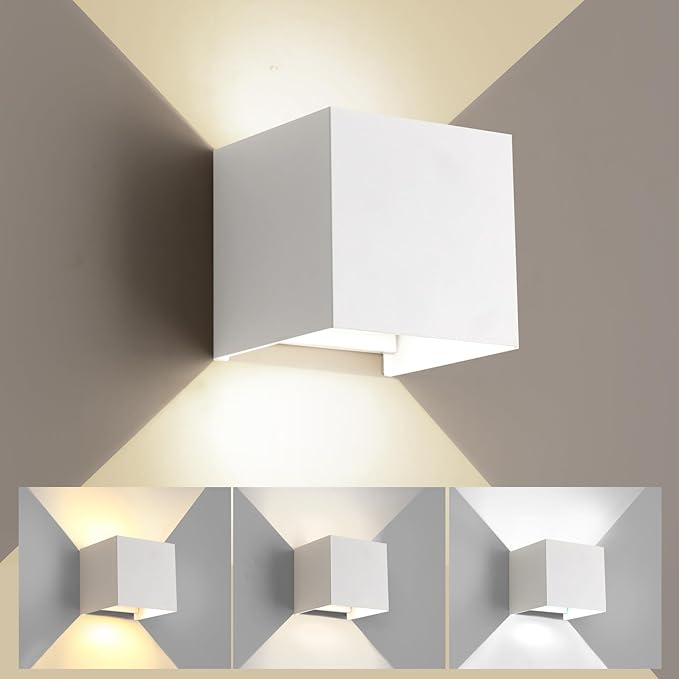 Matte White Square Wall Sconces Lights,3000K-6500K 3CCT,Adjustable Beam,1300LM High Brightness,15W Outdoor Sconce,Waterproof,Rust-Resistant,4.33 Inch,Outdoor Wall Lights & Indoor Wall Sconce(1 Pack)