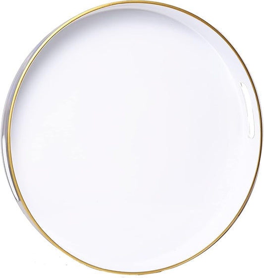Spsyrine Round White Decorative Tray, 13" Plastic Serving Table Tray with Handles for Breakfast, Round Modern Ottoman Tray for Coffee Table, Bathroom, Kitchen, Living Room