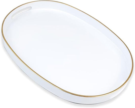 White Oval Decorative Tray with Handles, Versatile Serving Tray for Coffee Table, Ottoman, Ideal for Serving, Displaying, Organizing