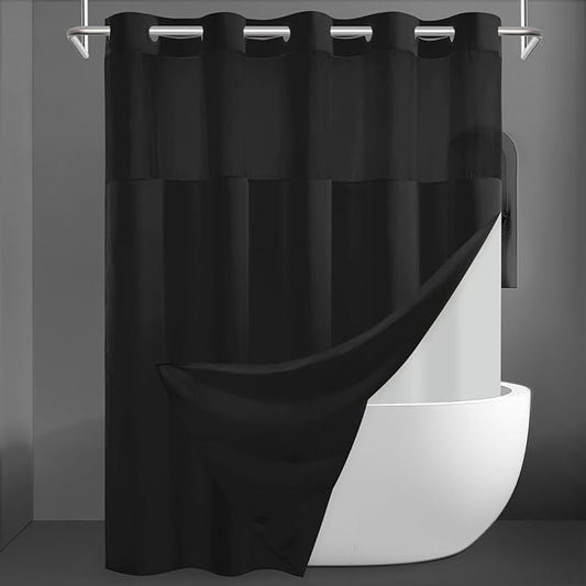 No Hook Slub Textured Shower Curtain with Snap in Liner - Black Fabric Outer Curtain & Waterproof Inner Liner, Hotel Style with See Through Top Window, 71x74 in