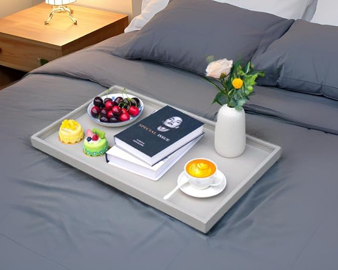 25 * 15 Inch Rectangular Ottoman Tray | Textured PU Leather, Waterproof & Heat-Resistant Storage for Coffee/Dining Tables, Sofa, Bed, Entertainment & Party (Tranquil Beige, 25 * 15in)