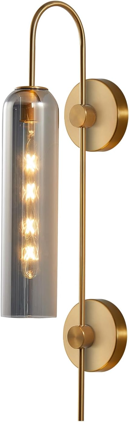 BOKT Brushed Brass Gold Wall Mounted Sconce Mid Century Modern Smoke Gray Glass Wall Sconce Light Single Bathroom Bedroom Wall Lighting Fixtures for Living Room Hallway Kitchen Mirror (Smoke Gray)