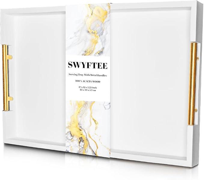 Serving Tray with Handles – 17 x 12 x 2 Inch White Acacia Wood Ottoman Tray Table Decorative – Coffee Trays Wood Decor for Kitchen – Breakfast in Bed Trays with Golden Metal Handles (White)