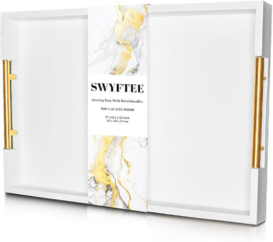 Serving Tray with Handles – 17 x 12 x 2 Inch White Acacia Wood Ottoman Tray Table Decorative – Coffee Trays Wood Decor for Kitchen – Breakfast in Bed Trays with Golden Metal Handles (White)