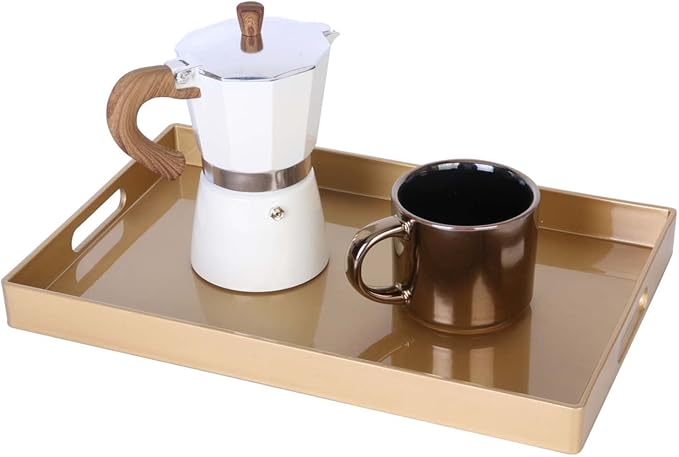 Zosenley Decorative Tray, Rectangular Plastic Tray with Handles, Modern Vanity Tray and Serving Tray for Bathroom, Kitchen, Ottoman and Coffee Table, 15.6" x 10.2"(Gold)