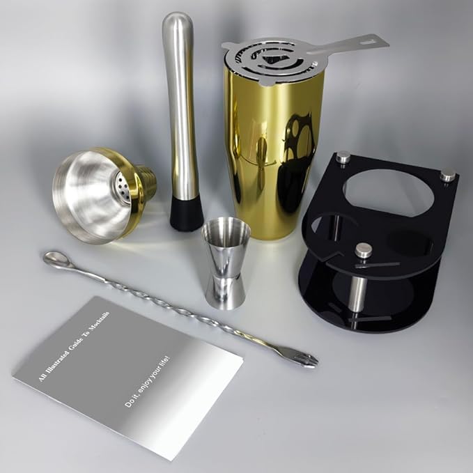 Cocktail Shaker Bartender Kit: 5 Piece Bar Tool Set, Cocktail Shaker Set with Stand, Drink Mixing Includes Martini Shaker,Strainer,Jigger,Bar Mixer Spoon,Muddler ﻿ (Gold, 750ml(25oz))