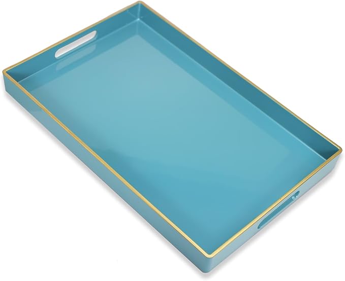 Teal Blue Decorative Coffee Table Tray, Rectangular Plastic Serving Tray with Handles for Living Room, Ottoman, Bathroom, 15.7"*10.2"