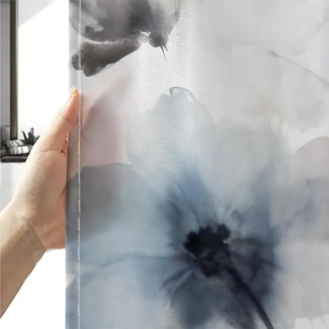 Sanzugh Boho Floral Extra Long Shower Curtain, Cream Tan Beige Blue Grey White Watercolor Flower Fabric Shower Curtains Set for Bathroom Decoration with Hooks 72 X 83 inch Cute Farmhouse Bath Decor