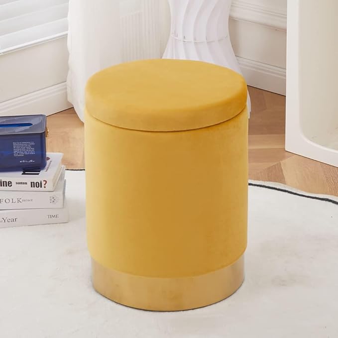 Mxfurhawa Velvet Storage Ottoman Multipurpose Footrest Stool with Metal Base Modern Round Vanity Stool Chair Ottoman Foot Stools Support 300 lbs Padded Seat for Living Room (Ginger)