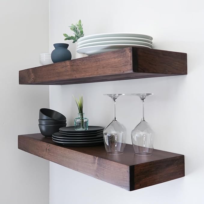Urbandi Modern Floating Shelves 3 Inches Thick for Wall, Wide Shelves for Kitchen, Living Room, Bedroom, and Bathroom, Natural Pine Wood, Rustic Wooden Shelf, (Set of 2) (Provincial, 48Lx3Hx6D)