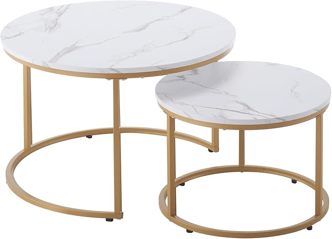VEVOR Nesting Tables, Coffee Table Set of 2, 27.6 inch Round Coffee Table, Small Coffee Tables Night Stand with Metal Frame, for Living Room, Bedroom, Office (White & Gold)