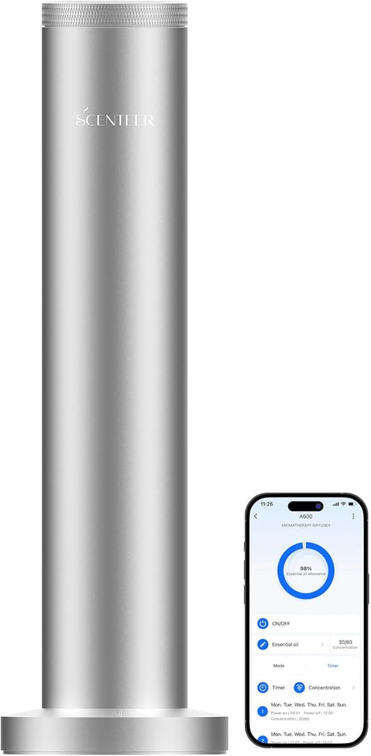 Wireless Hotel Scent Diffuser-Cordless Rechargeable Diffuser for Whole House- Scent Air Machine for Home -App Bluetooth Control -Waterless Essential Oil Diffuser for Large Room, Studio Office -Silver