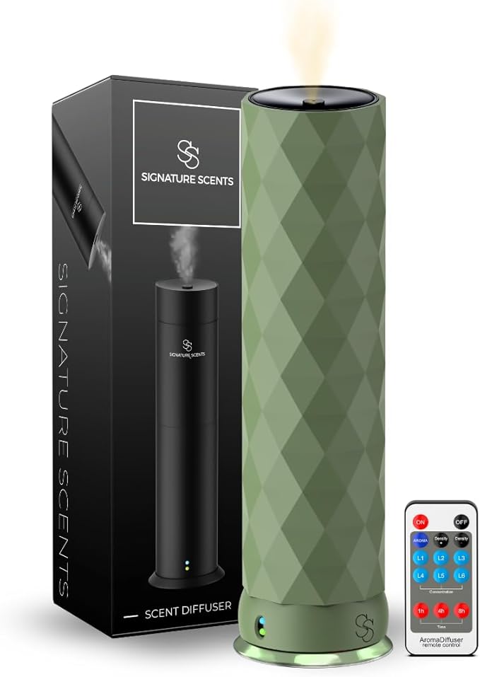 Waterless Essential Oil Hotel Scent Diffuser - Cold Air Diffuser - Covers 1000 sq. ft. - Waterless Diffuser for Home, Office & Hotel (Black + Interchangeable Sleeve) (Black + Matte Green Sleeve)