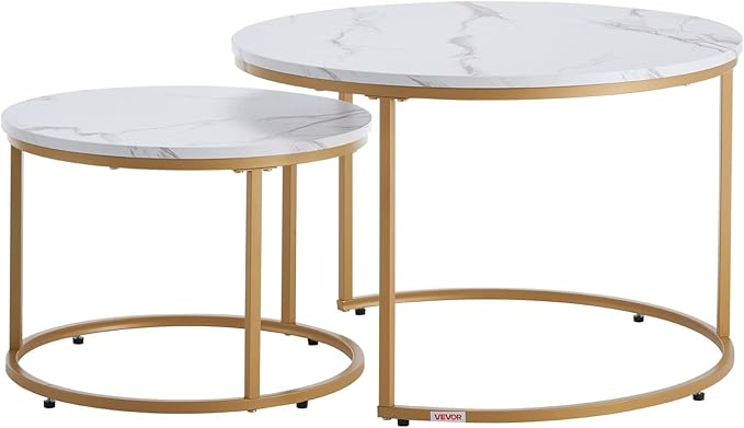 VEVOR Nesting Tables, Coffee Table Set of 2, 27.6 inch Round Coffee Table, Small Coffee Tables Night Stand with Metal Frame, for Living Room, Bedroom, Office (White & Gold)