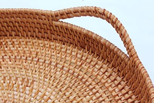 Round Rattan- Handmade Serving Tray-Decorative Woven Ottoman-Trays with Handles for Coffee Table Natural Basket Wave Tray (L- 13.7 Inch & M-11.8 Inch)