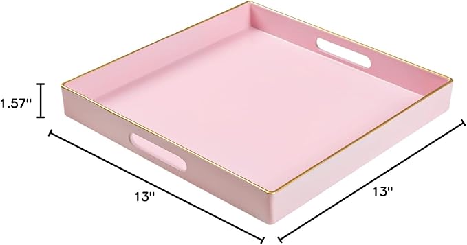 MAONAME Decorative Tray, Pink Serving Tray with Handles, Coffee Table Trays, Square Plastic Trays for Ottoman, Bathroom, Kitchen, 13"x13"x1.57"