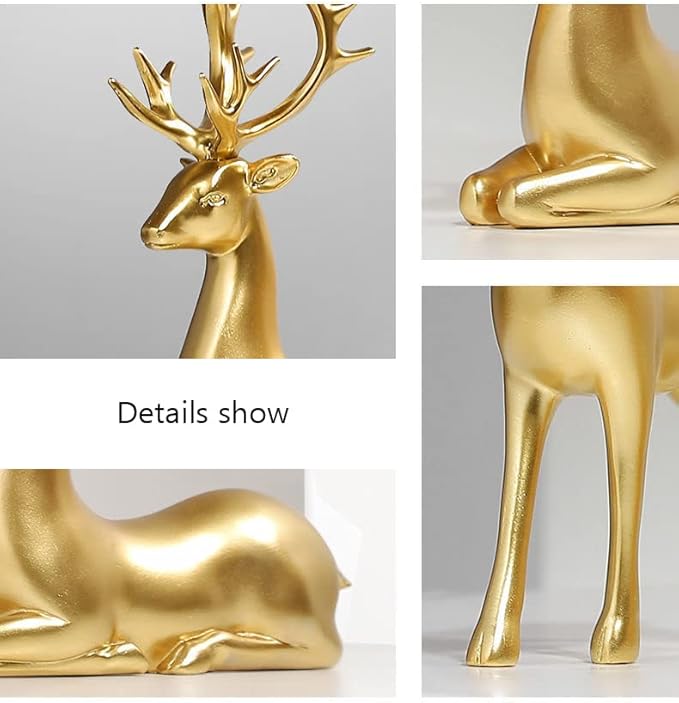 FANTESTICRYAN 2pcs Reindeer Sculpture Gold Resin Christmas Elk Statues Home Office Decorative Displays for Living Room, Bedroom, Bathroom, Bookshelf, Desktop, Cabinets (Golden Large)