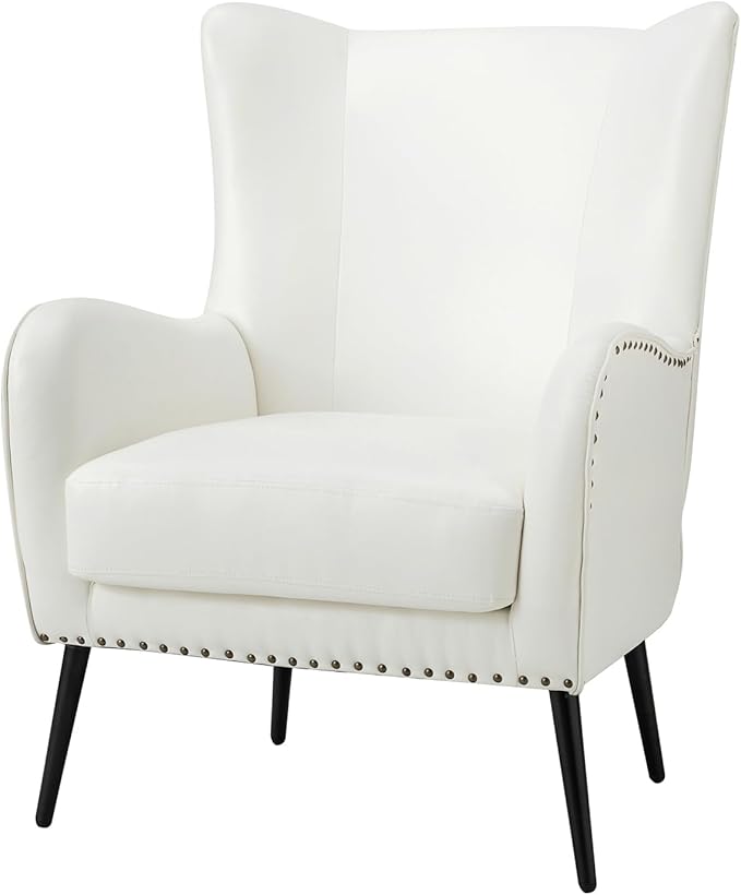 HULALA Home Faux Leather Accent Chair w/Removable Cushion, Comfy Upholstered Armchair with Black Metal Legs & Nailhead Trim Wingback Vanity Chair Desk Chair for Reading Living Room Bedroom, Ivory