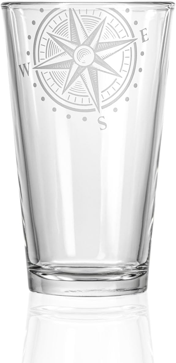 Rolf Glass Compass Star Pint Glass | 16oz Lead-Free Glass | Deep Sand Etched in the USA | Nautical Etched Design | Set of 4