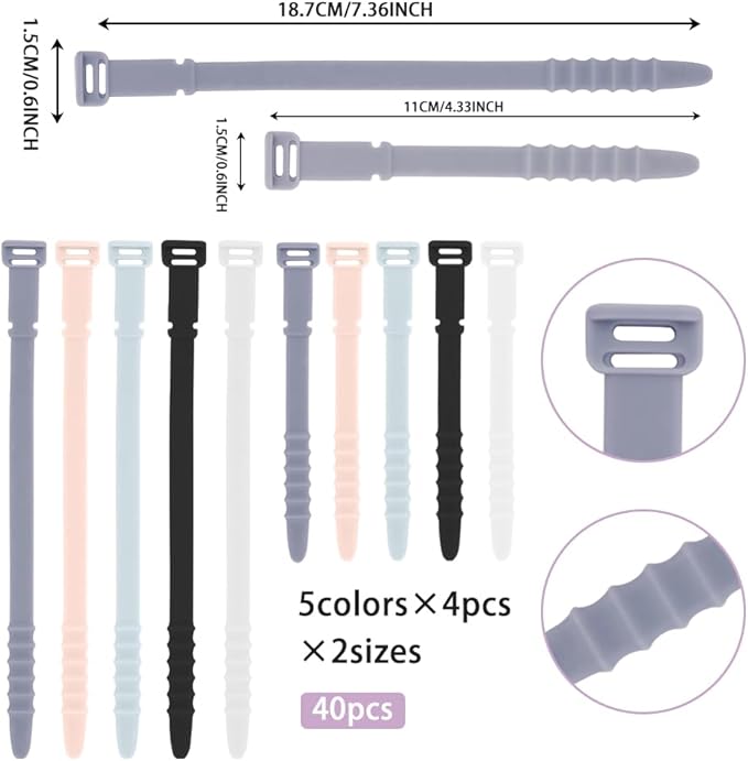 Silicone Zip Ties, Reusable Zip Ties, Rubber Cable Ties for Cable Management, Everyday Essentials,Travel Essentials,Office Camping Accessories,Elastic Cord Ties, 40Pcs Cable Straps in Two Sizes