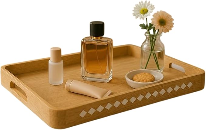 Mela Artisans Wooden Serving Tray with Handles | 15x10x1.75 inch | Mango Wood Decorative Tray | Ottoman Tray | Snacks | Desserts | Breads | Coffee Table | Bedroom | Rounded Edge Design