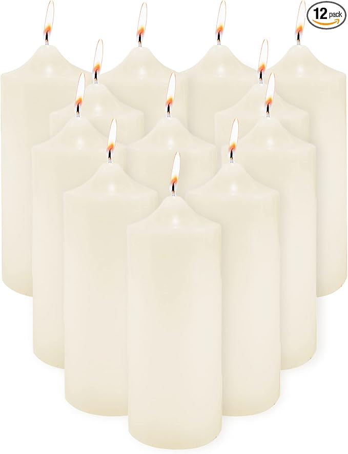 Super Z Outlet Unscented Pillar Candles for Weddings, Home Decoration, Relaxation, Spa, Smokeless Cotton Wick (12, Ivory, 3"x9")