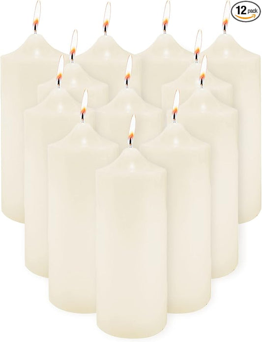 Super Z Outlet Unscented Pillar Candles for Weddings, Home Decoration, Relaxation, Spa, Smokeless Cotton Wick (12, Ivory, 3"x9")