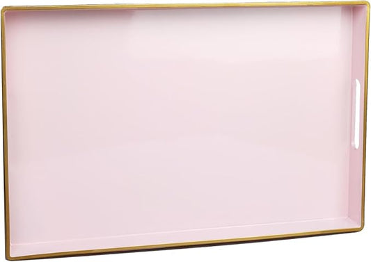 Spsyrine Pink Decorative Serving Tray with Handles, Elegant Plastic Coffee Table Tray for Ottoman, Living Room, Home Decor 15.6" X 10.2"
