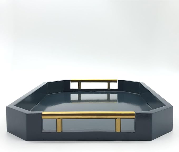 Serving Tray with Polished Metal Handles, Hexagon Coffee Table Tray, Modern Rectangle Decorative Tray, Large Ottoman Tray, Perfect for Storage and Display (Blue Rectangle)