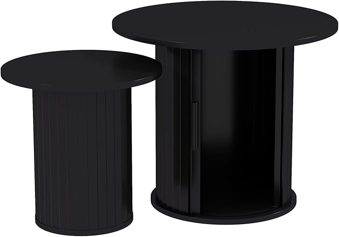 Nesting Coffee Table Set of 2 with Hidden Storage & Sliding Door, Circle Wood Coffee Table, Farmhouse Side & End Table Sets for Living Room, Small Spaces, Black